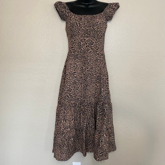 Reformation Toulouse Leopard Midi Dress Womens Sz 2 100% Linen Tiered Smocked - Picture 3 of 7